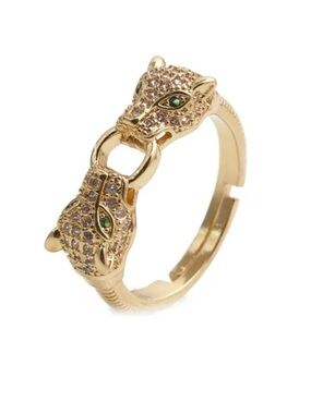 Gold-Tone Double Panther Head Ring with Green Eyes